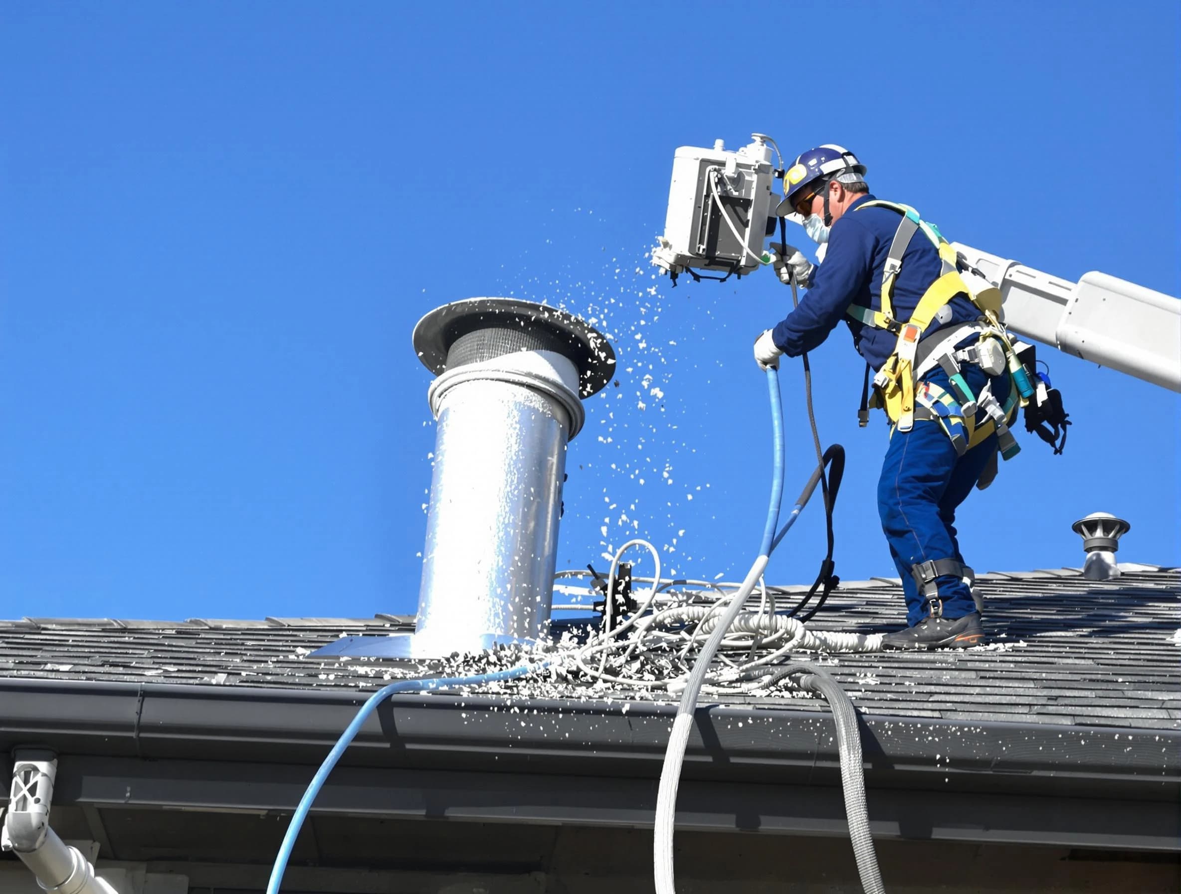 Chester Dryer Vent Cleaning certified technician safely cleaning a roof-mounted dryer vent in Chester