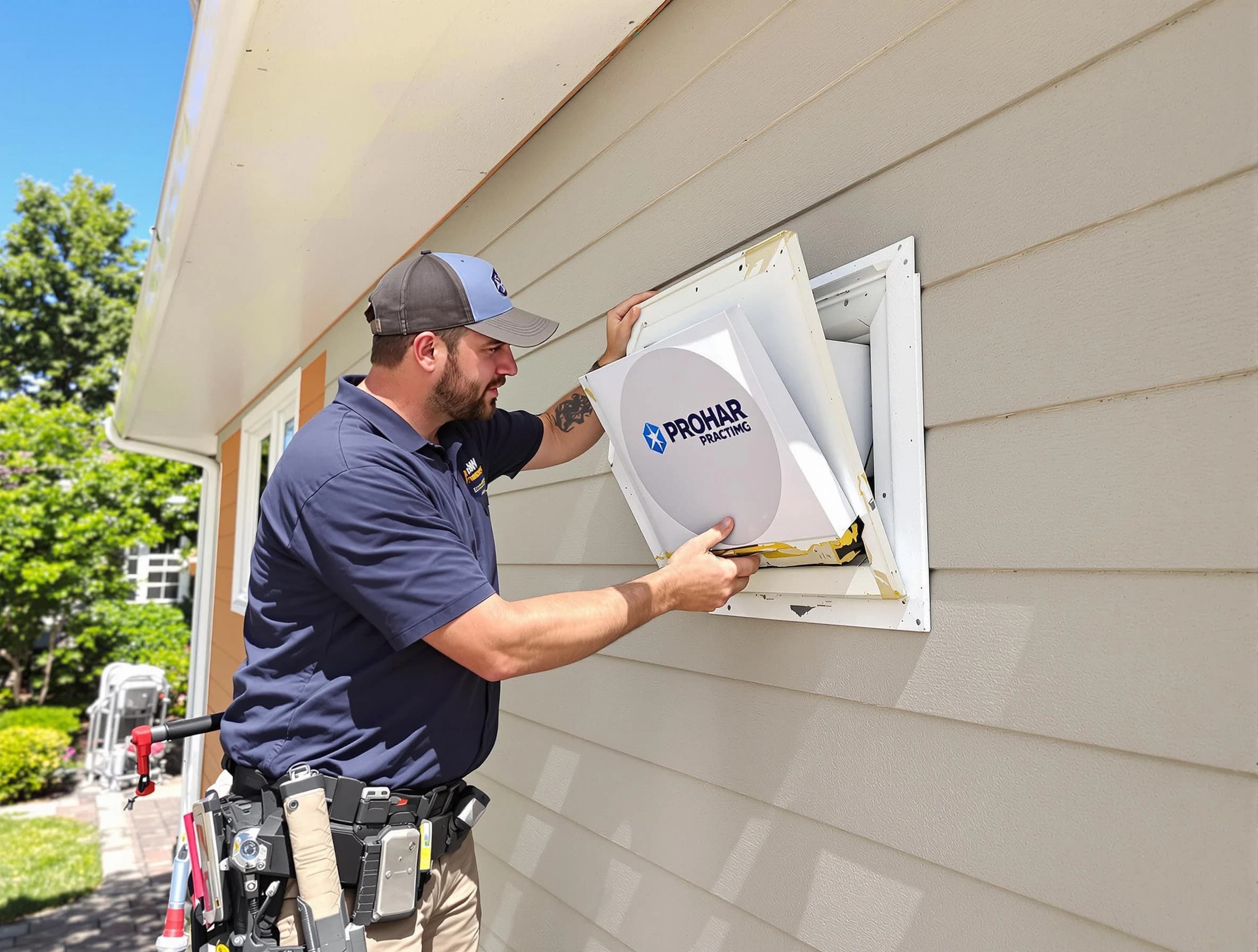 Chester Dryer Vent Cleaning technician installing a new protective dryer vent cover on a home in Chester
