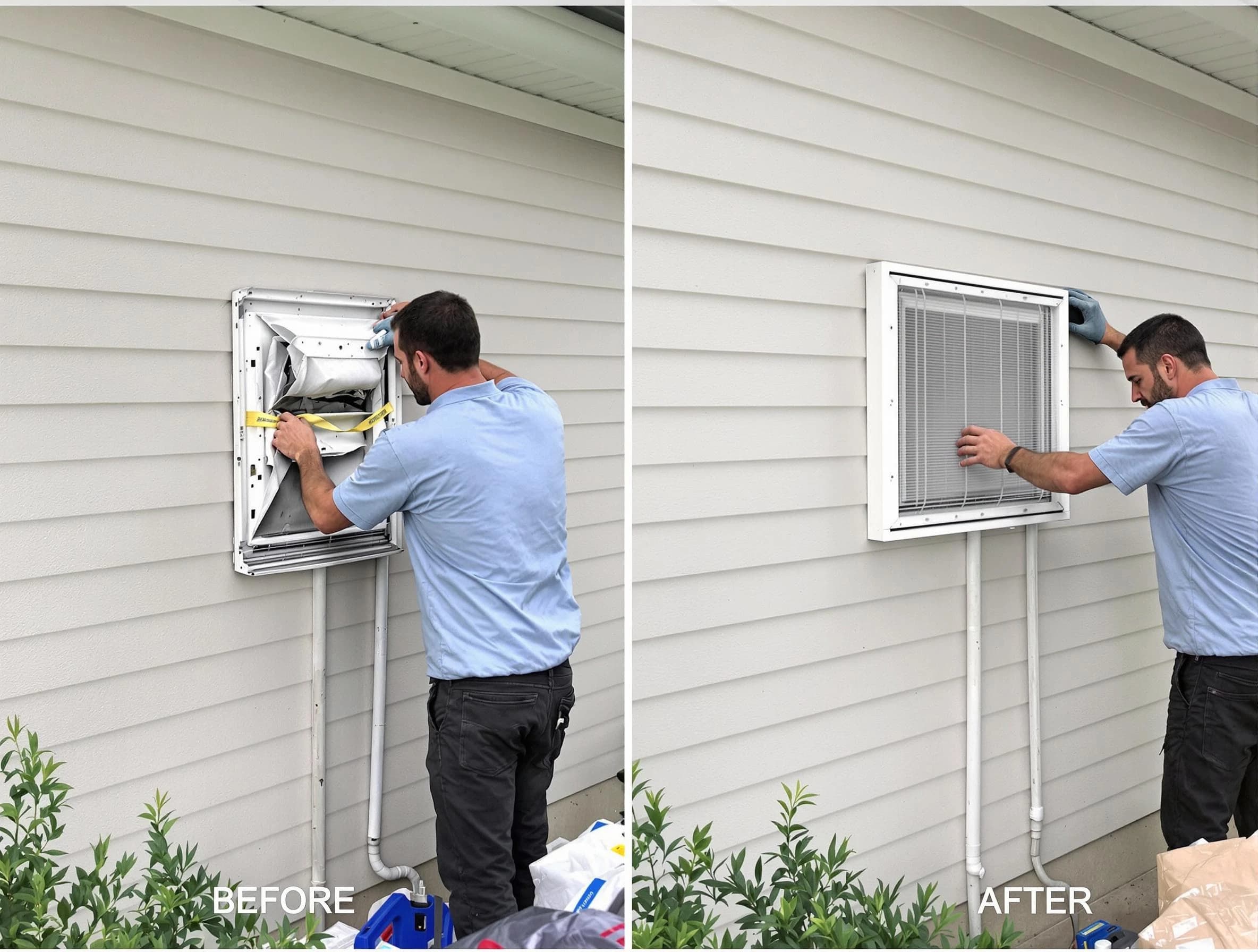 Chester Dryer Vent Cleaning technician installing high-quality dryer vent cover at a residential property in Chester