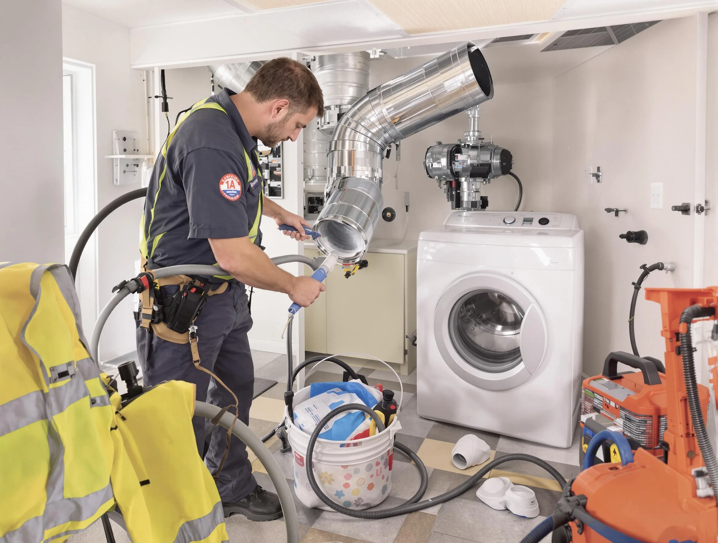 Chester Dryer Vent Cleaning technician using specialized equipment to clear severe dryer vent blockage in Chester